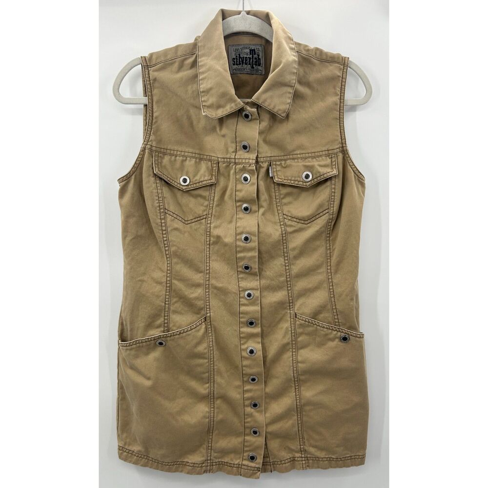 Vintage Levi’s Silvertab Snap Dress Medium 90s Denim Shift Tank Khaki Y2K
